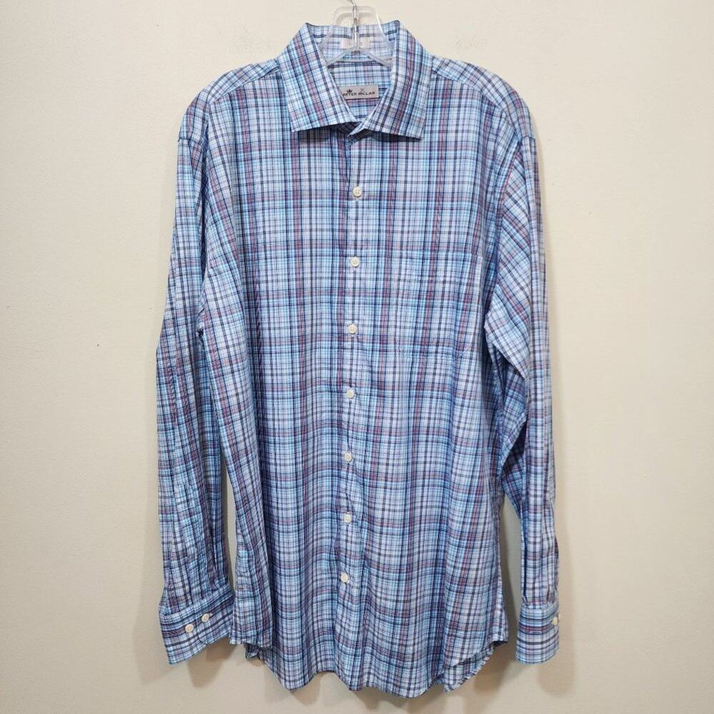 Peter Millar long sleeve button up plaid dress shirt men's size large